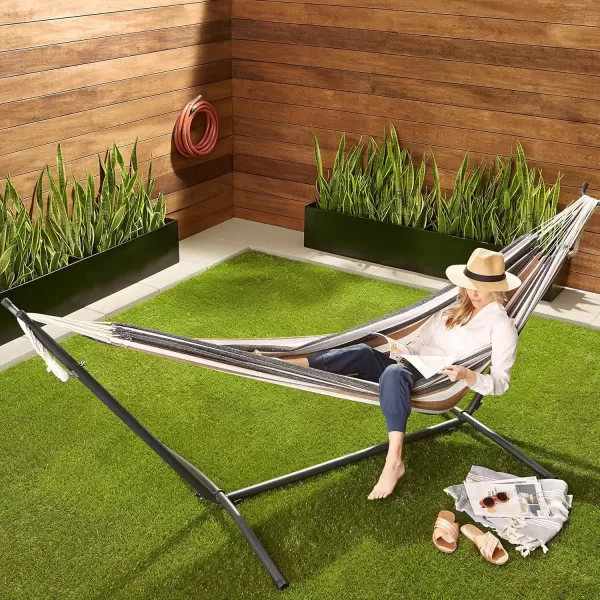 imageAmazon Basics Double 2 Person Heavy Duty Hammock with Space Saving Steel Stand and Carrying Case 470lb Capacity Multicolor 118 L x 461 W x 394 H inchesMulti Color