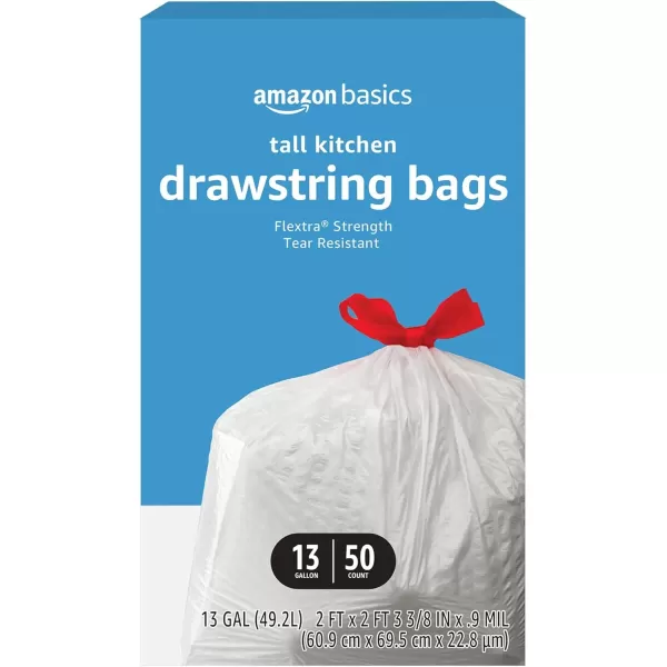 imageAmazon Basics Flextra Tall Kitchen Drawstring Trash Bags 13 Gallon Unscented 50 Count Pack of 150 Count Pack of 1