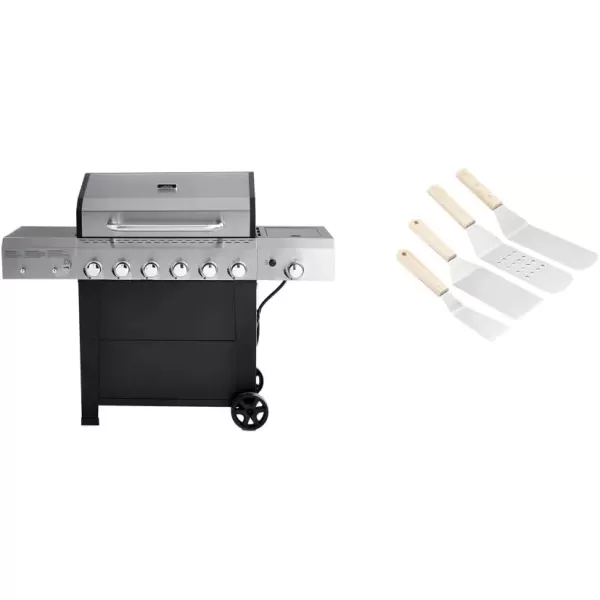 imageAmazon Basics Freestanding Gas Grill with Side Burner 6 Burner 66000 BTU4Piece Stainless Steel Barbeque Flat Griddle Spatula Set Silver