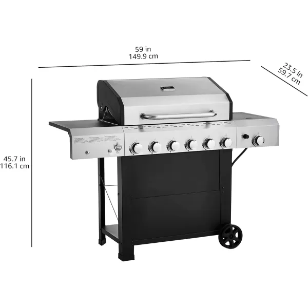 imageAmazon Basics Freestanding Gas Grill with Side Burner 6 Burner 66000 BTU4Piece Stainless Steel Barbeque Flat Griddle Spatula Set Silver