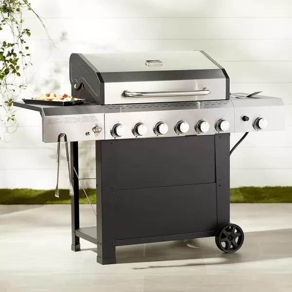 imageAmazon Basics Freestanding Gas Grill with Side Burner 6 Burner 66000 BTU4Piece Stainless Steel Barbeque Flat Griddle Spatula Set Silver