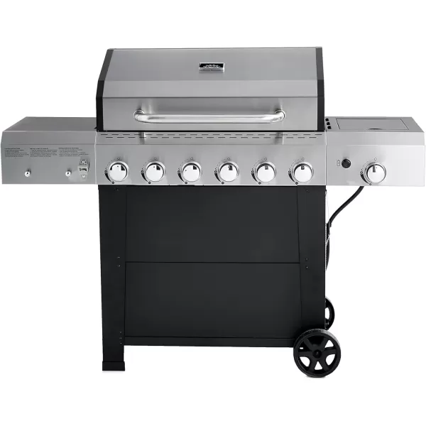 imageAmazon Basics Freestanding Gas Grill with Side Burner 6 Burner 66000 BTU4Piece Stainless Steel Barbeque Flat Griddle Spatula Set Silver