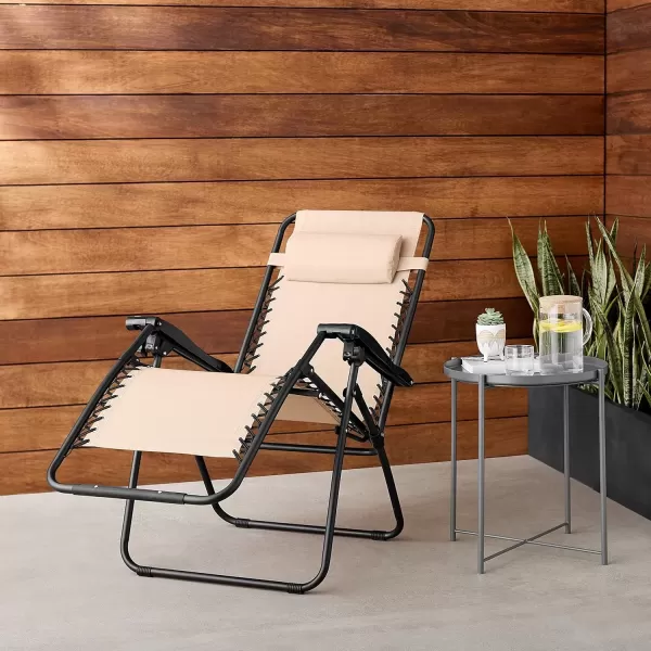 imageAmazon Basics Outdoor Textilene Adjustable Zero Gravity Folding Reclining Lounge Chair with Pillow 26quot Navy BlueBeige