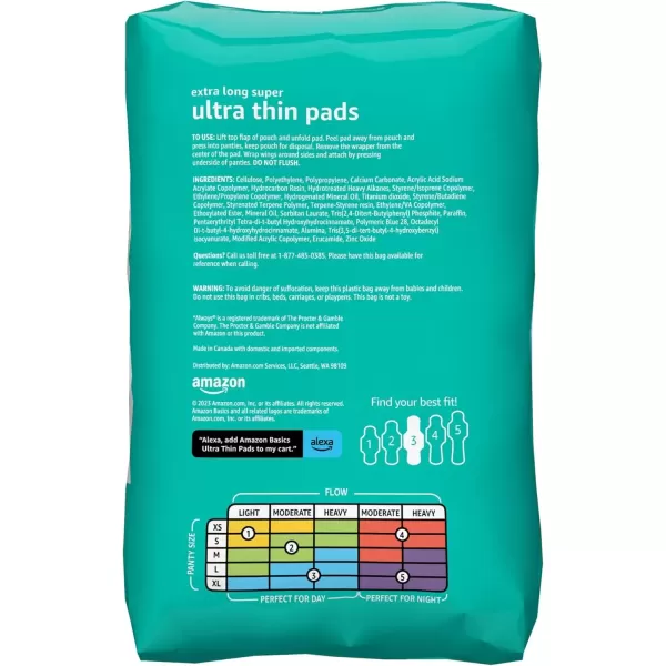 imageAmazon Basics Ultra Thin Pads with FlexiWings for Periods Long Length Super Absorbency Unscented Size 2 128 Count 4 Packs of 32 Previously SolimoSize 3