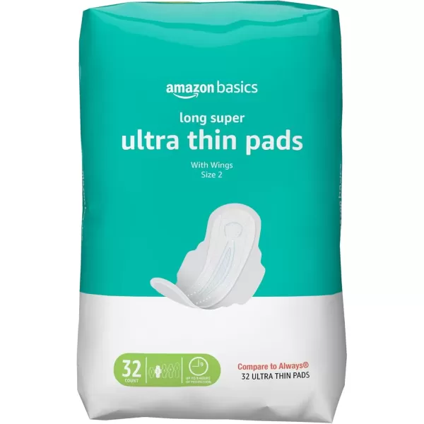 imageAmazon Basics Ultra Thin Pads with FlexiWings for Periods Long Length Super Absorbency Unscented Size 2 128 Count 4 Packs of 32 Previously SolimoSize 2