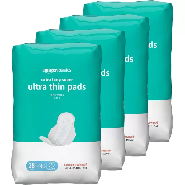imageAmazon Basics Ultra Thin Pads with FlexiWings for Periods Long Length Super Absorbency Unscented Size 2 128 Count 4 Packs of 32 Previously SolimoSize 3