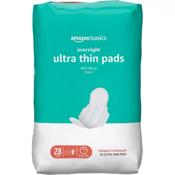 imageAmazon Basics Ultra Thin Pads with FlexiWings for Periods Long Length Super Absorbency Unscented Size 2 128 Count 4 Packs of 32 Previously SolimoSize 4