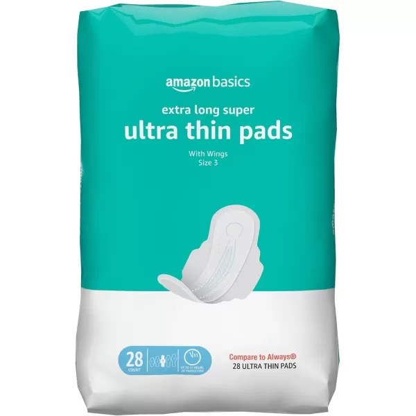 imageAmazon Basics Ultra Thin Pads with FlexiWings for Periods Long Length Super Absorbency Unscented Size 2 128 Count 4 Packs of 32 Previously SolimoSize 3