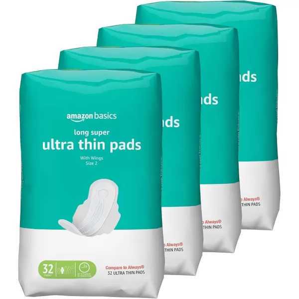 imageAmazon Basics Ultra Thin Pads with FlexiWings for Periods Long Length Super Absorbency Unscented Size 2 128 Count 4 Packs of 32 Previously SolimoSize 2