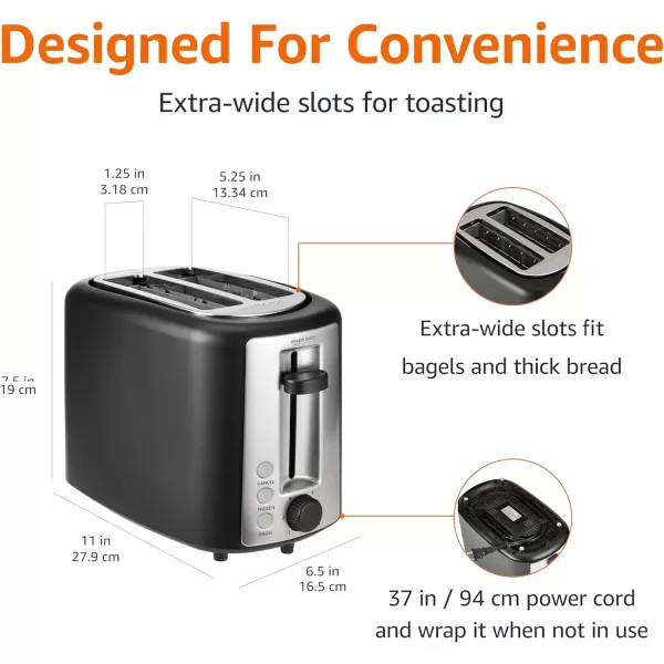 imageAmazon Basics 2 Slice Extra Wide Slot Toaster with Bagel Function Removable Crumb Tray 6 Browning Settings Frozen Food Setting Cancel Button 900W Black ampamp Silver