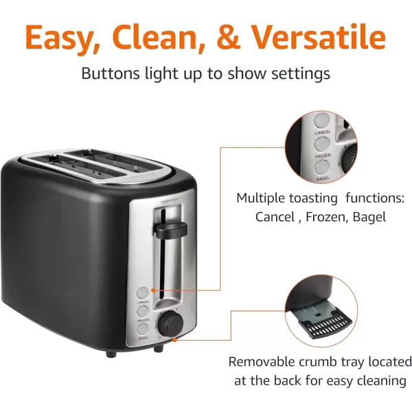 imageAmazon Basics 2 Slice Extra Wide Slot Toaster with Bagel Function Removable Crumb Tray 6 Browning Settings Frozen Food Setting Cancel Button 900W Black ampamp Silver