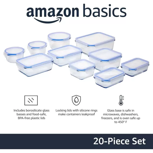 imageAmazon Basics LeakProof Glass Locking Lids Food Storage Containers 14Piece Set 7 Count of Bases and 7 Plastic Lids Clear Blue BPA Free Dishwasher ampamp Microwave Safe for Meal Prep ampamp Freezer20Piece