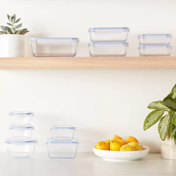 imageAmazon Basics LeakProof Glass Locking Lids Food Storage Containers 14Piece Set 7 Count of Bases and 7 Plastic Lids Clear Blue BPA Free Dishwasher ampamp Microwave Safe for Meal Prep ampamp Freezer20Piece