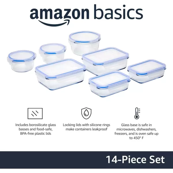 imageAmazon Basics LeakProof Glass Locking Lids Food Storage Containers 14Piece Set 7 Count of Bases and 7 Plastic Lids Clear Blue BPA Free Dishwasher ampamp Microwave Safe for Meal Prep ampamp Freezer14Piece