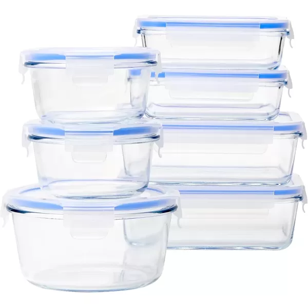 imageAmazon Basics LeakProof Glass Locking Lids Food Storage Containers 14Piece Set 7 Count of Bases and 7 Plastic Lids Clear Blue BPA Free Dishwasher ampamp Microwave Safe for Meal Prep ampamp Freezer14Piece