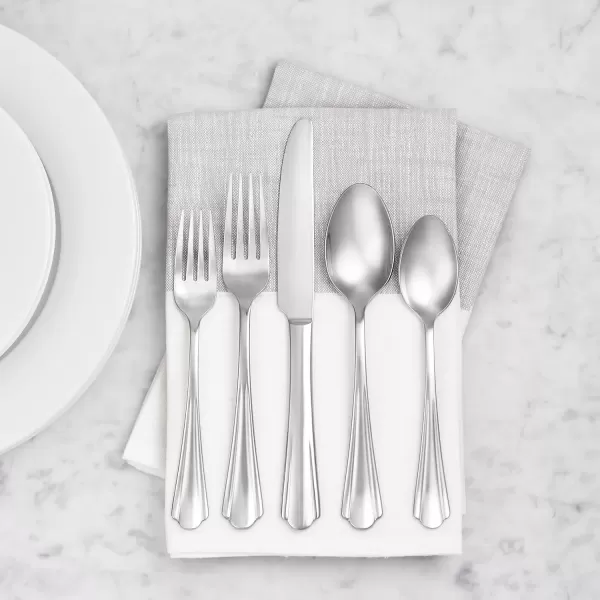 imageAmazon Basics Silverware Set Stainless Steel Flatware 20Piece Forks and Spoons Service for 4 Round Edge20Piece