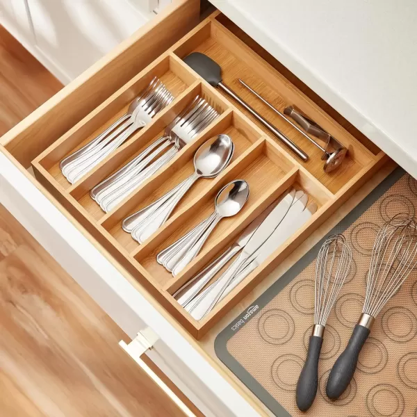 imageAmazon Basics Silverware Set Stainless Steel Flatware 20Piece Forks and Spoons Service for 4 Round Edge20Piece