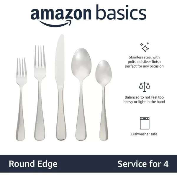 imageAmazon Basics Silverware Set Stainless Steel Flatware 20Piece Forks and Spoons Service for 4 Round Edge20Piece