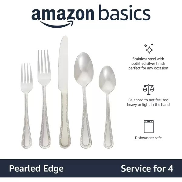 imageAmazon Basics Silverware Set Stainless Steel Flatware 20Piece Forks and Spoons Service for 4 Round Edge20Piece
