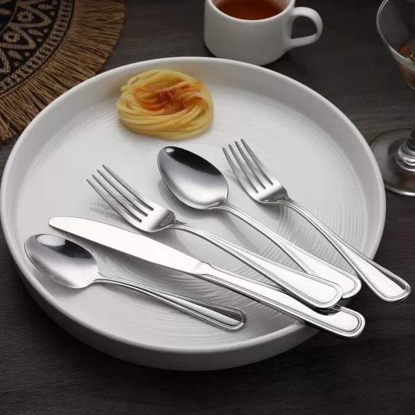 imageAmazon Basics Silverware Set Stainless Steel Flatware 20Piece Forks and Spoons Service for 4 Round Edge20Piece