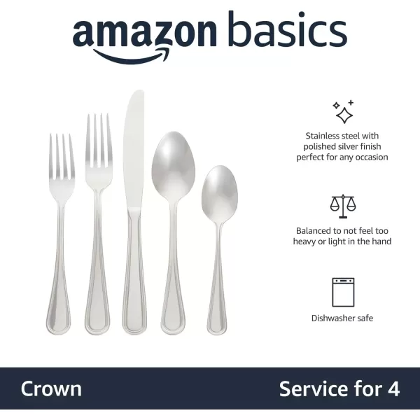 imageAmazon Basics Silverware Set Stainless Steel Flatware 20Piece Forks and Spoons Service for 4 Round Edge20Piece