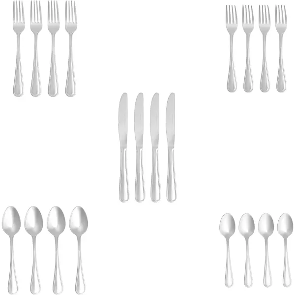 imageAmazon Basics Silverware Set Stainless Steel Flatware 20Piece Forks and Spoons Service for 4 Round Edge20Piece
