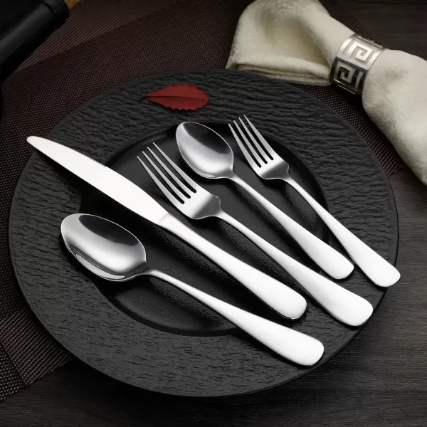 imageAmazon Basics Silverware Set Stainless Steel Flatware 20Piece Forks and Spoons Service for 4 Round Edge20Piece