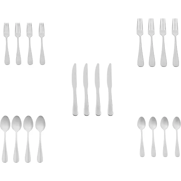 imageAmazon Basics Silverware Set Stainless Steel Flatware 20Piece Forks and Spoons Service for 4 Round Edge20Piece