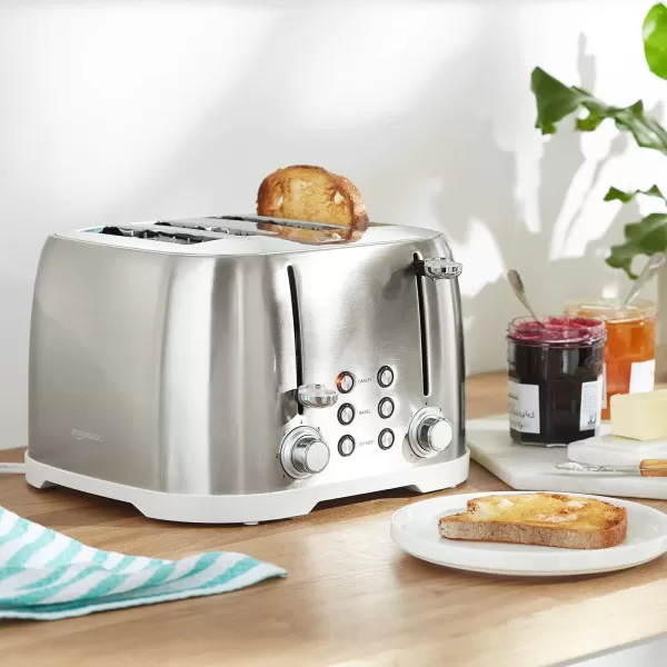 imageAmazon Basics 4 Slice Toaster with 6 Browning Settings Removable EasytoClean Crumb Tray Cancel Button 1600W BlackBrushed Silver