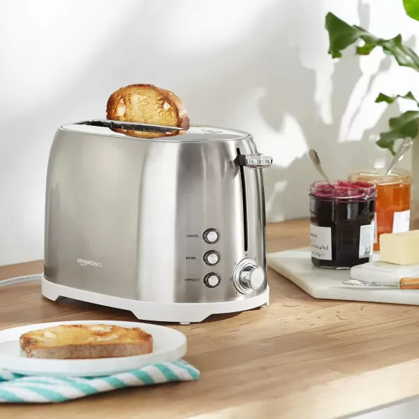 imageAmazon Basics 4 Slice Toaster with 6 Browning Settings Removable EasytoClean Crumb Tray Cancel Button 1600W BlackBrushed Silver