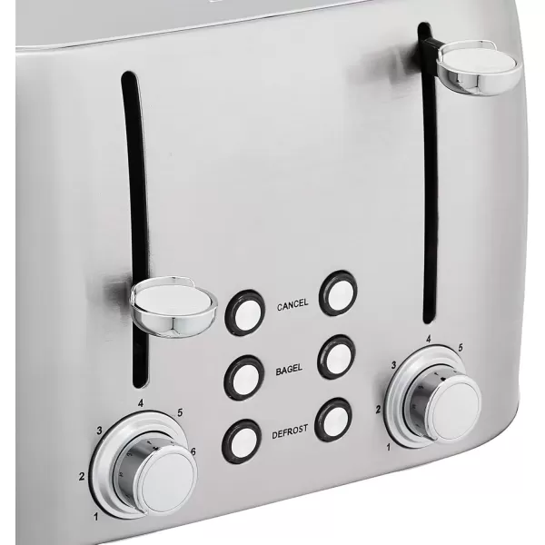 imageAmazon Basics 4 Slice Toaster with 6 Browning Settings Removable EasytoClean Crumb Tray Cancel Button 1600W BlackBrushed Silver