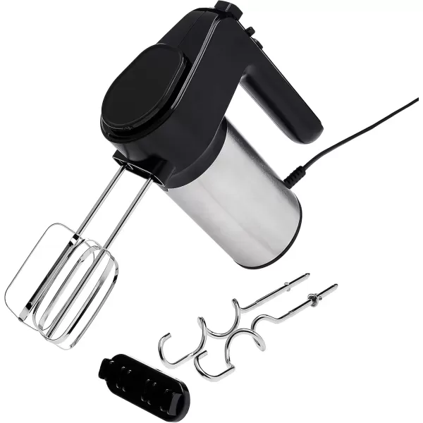 imageAmazon Basics 6Speed Electric Hand Mixer with Dough Hooks Beaters and Turbo Button 629 quart BlackampampStainless steel
