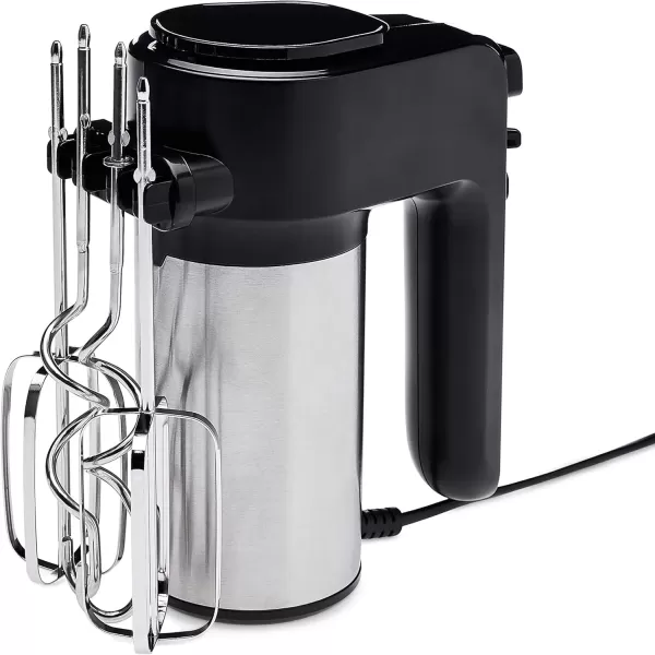 imageAmazon Basics 6Speed Electric Hand Mixer with Dough Hooks Beaters and Turbo Button 629 quart BlackampampStainless steel