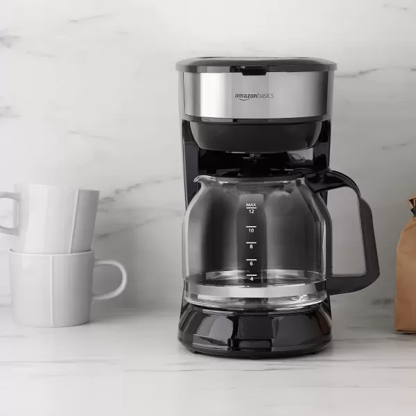 imageAmazon Basics Coffee Makers 12Cup Coffee Machines with Reusable Filter Coffee Pots Black ampamp Stainless Steel12Cup