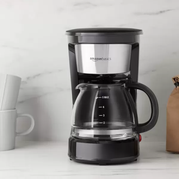 imageAmazon Basics Coffee Makers 12Cup Coffee Machines with Reusable Filter Coffee Pots Black ampamp Stainless Steel5Cup