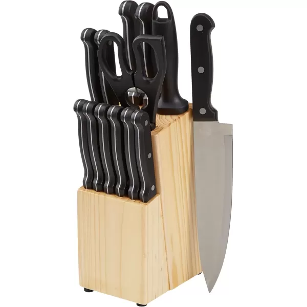 imageAmazon Basics NonStick Cookware Set Pots Pans and Utensils  15Piece Set ampamp 14Piece Kitchen Knife Set with HighCarbon StainlessSteel Blades and Pine Wood Block