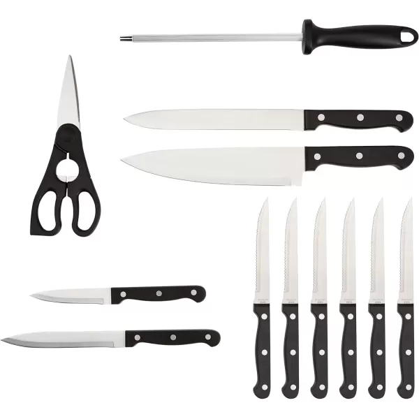 imageAmazon Basics NonStick Cookware Set Pots Pans and Utensils  15Piece Set ampamp 14Piece Kitchen Knife Set with HighCarbon StainlessSteel Blades and Pine Wood Block