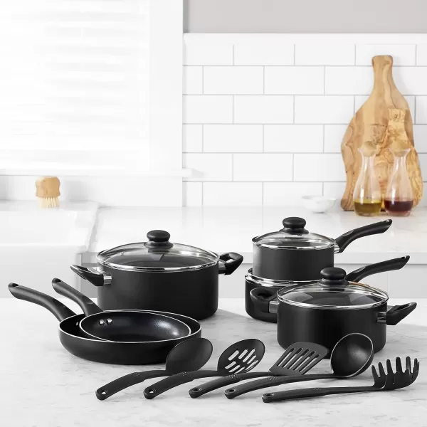 imageAmazon Basics NonStick Cookware Set Pots Pans and Utensils  15Piece Set ampamp 14Piece Kitchen Knife Set with HighCarbon StainlessSteel Blades and Pine Wood Block