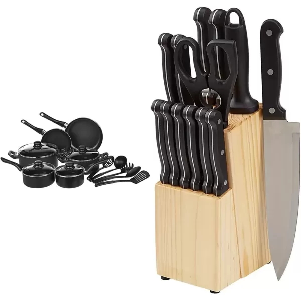 imageAmazon Basics NonStick Cookware Set Pots Pans and Utensils  15Piece Set ampamp 14Piece Kitchen Knife Set with HighCarbon StainlessSteel Blades and Pine Wood Block