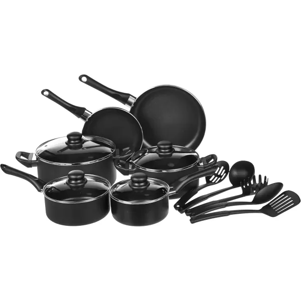 imageAmazon Basics NonStick Cookware Set Pots Pans and Utensils  15Piece Set ampamp 14Piece Kitchen Knife Set with HighCarbon StainlessSteel Blades and Pine Wood Block