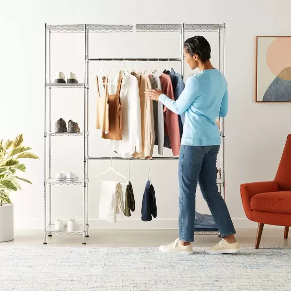imageAmazon Basics Expandable Adjustable Metal Hanging Storage Organizer Rack Wardrobe with Shelves 5780 x 14 x 72 inches LxWxH ChromeChrome