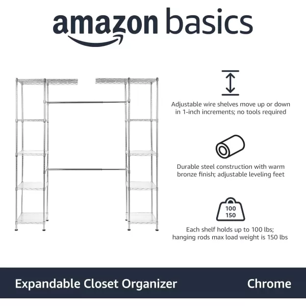 imageAmazon Basics Expandable Adjustable Metal Hanging Storage Organizer Rack Wardrobe with Shelves 5780 x 14 x 72 inches LxWxH ChromeChrome