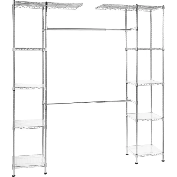 imageAmazon Basics Expandable Adjustable Metal Hanging Storage Organizer Rack Wardrobe with Shelves 5780 x 14 x 72 inches LxWxH ChromeChrome