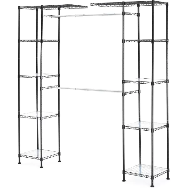 imageAmazon Basics Expandable Metal Hanging Closet Organizer and Storage Rack Wardrobe with Shelves 5780L x 14W x 72H BronzeBlack