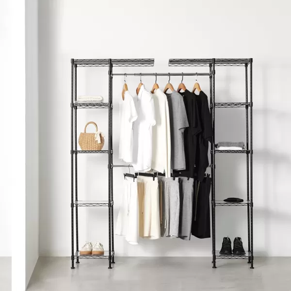 imageAmazon Basics Expandable Metal Hanging Closet Organizer and Storage Rack Wardrobe with Shelves 5780L x 14W x 72H BronzeBlack