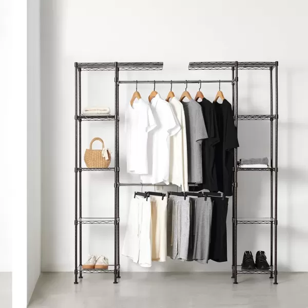 imageAmazon Basics Expandable Metal Hanging Closet Organizer and Storage Rack Wardrobe with Shelves 5780L x 14W x 72H BronzeBronze