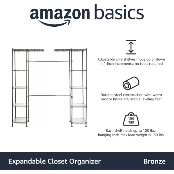 imageAmazon Basics Expandable Metal Hanging Closet Organizer and Storage Rack Wardrobe with Shelves 5780L x 14W x 72H BronzeBronze