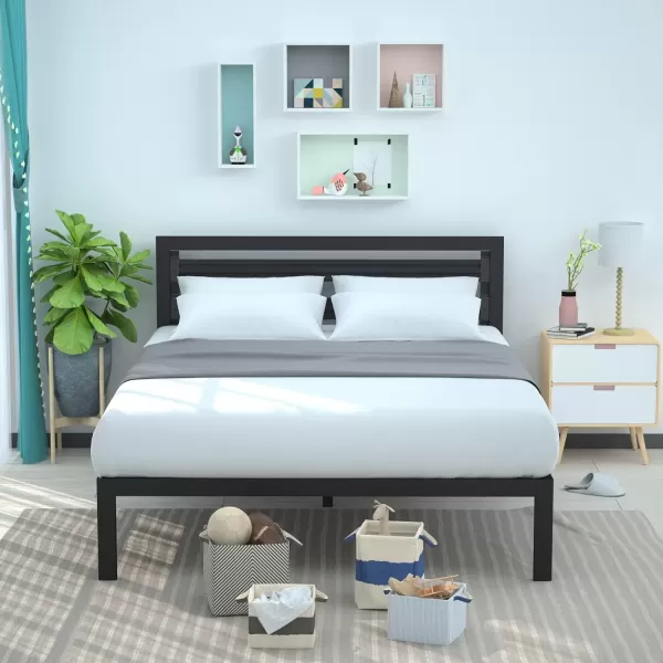 imageAmazon Basics Metal Bed with Modern Industrial Design Headboard  14 Inch Height for UnderBed Storage  Wood Slats  Easy Assemble Queen BlackBlack