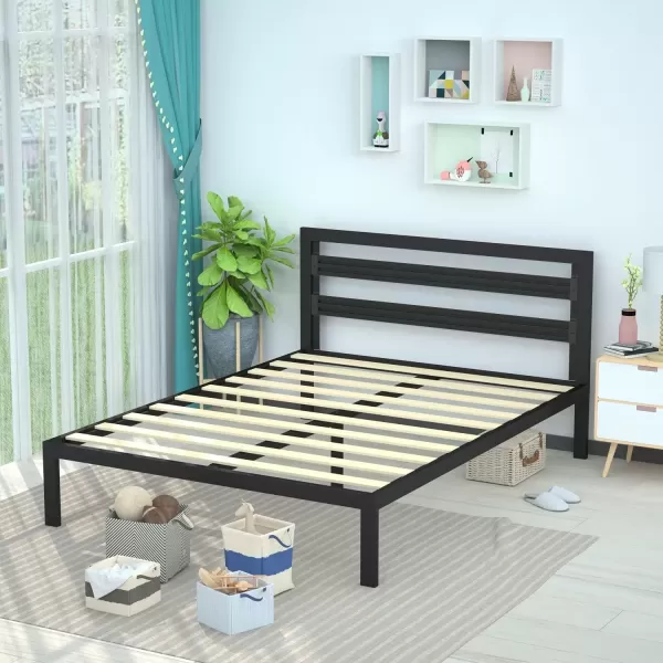 imageAmazon Basics Metal Bed with Modern Industrial Design Headboard  14 Inch Height for UnderBed Storage  Wood Slats  Easy Assemble Queen BlackBlack