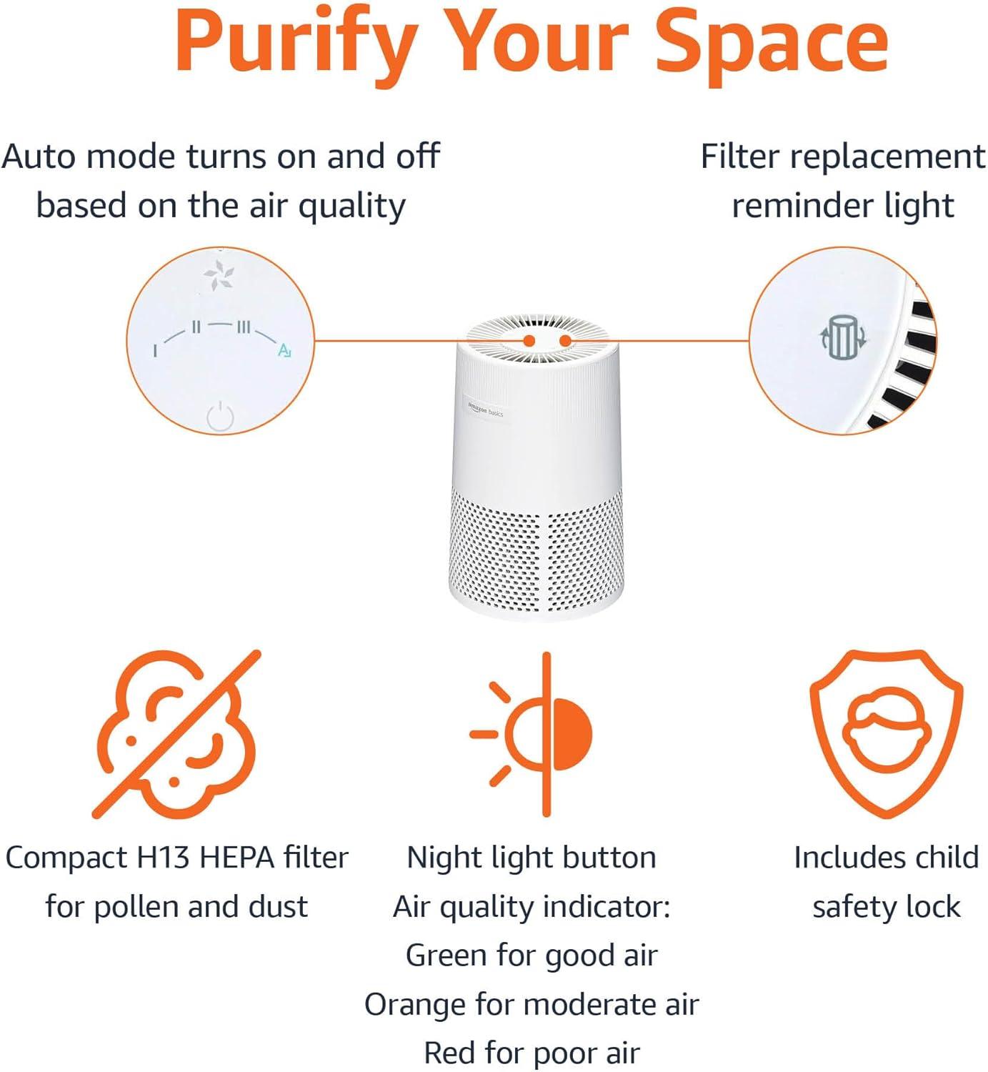 imageAmazon Basics Air Purifier for Home and Office With 3Stage Filtration HEPA Filter With Activated Carbon 3 Speeds Timer Sleep Mode 32db Energy Star Certificate Covers Up to 1067 Sq ft WhiteAir Purifier
